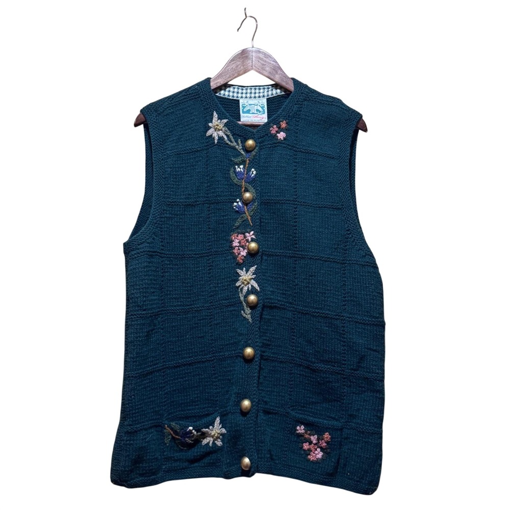 Trauntraud Lanz Austria Hand Knitted‎ Wool Vest Green Floral Embroidered Medium